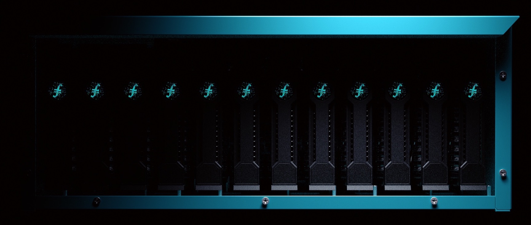 Horizontal stack of 12 Filecoin branded hard drives inside a storage rack